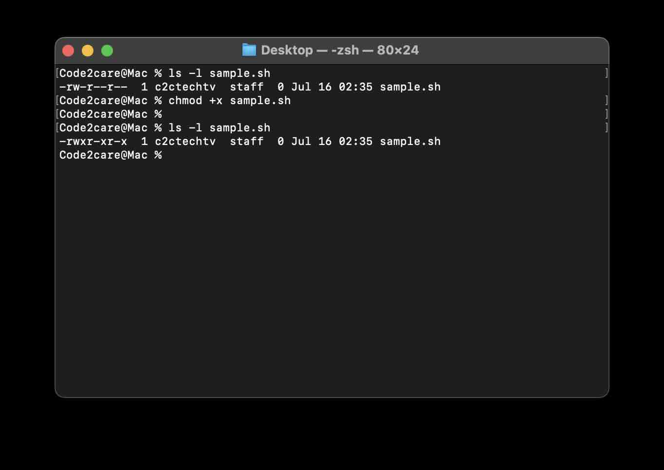 Example of chmod+x command in Terminal